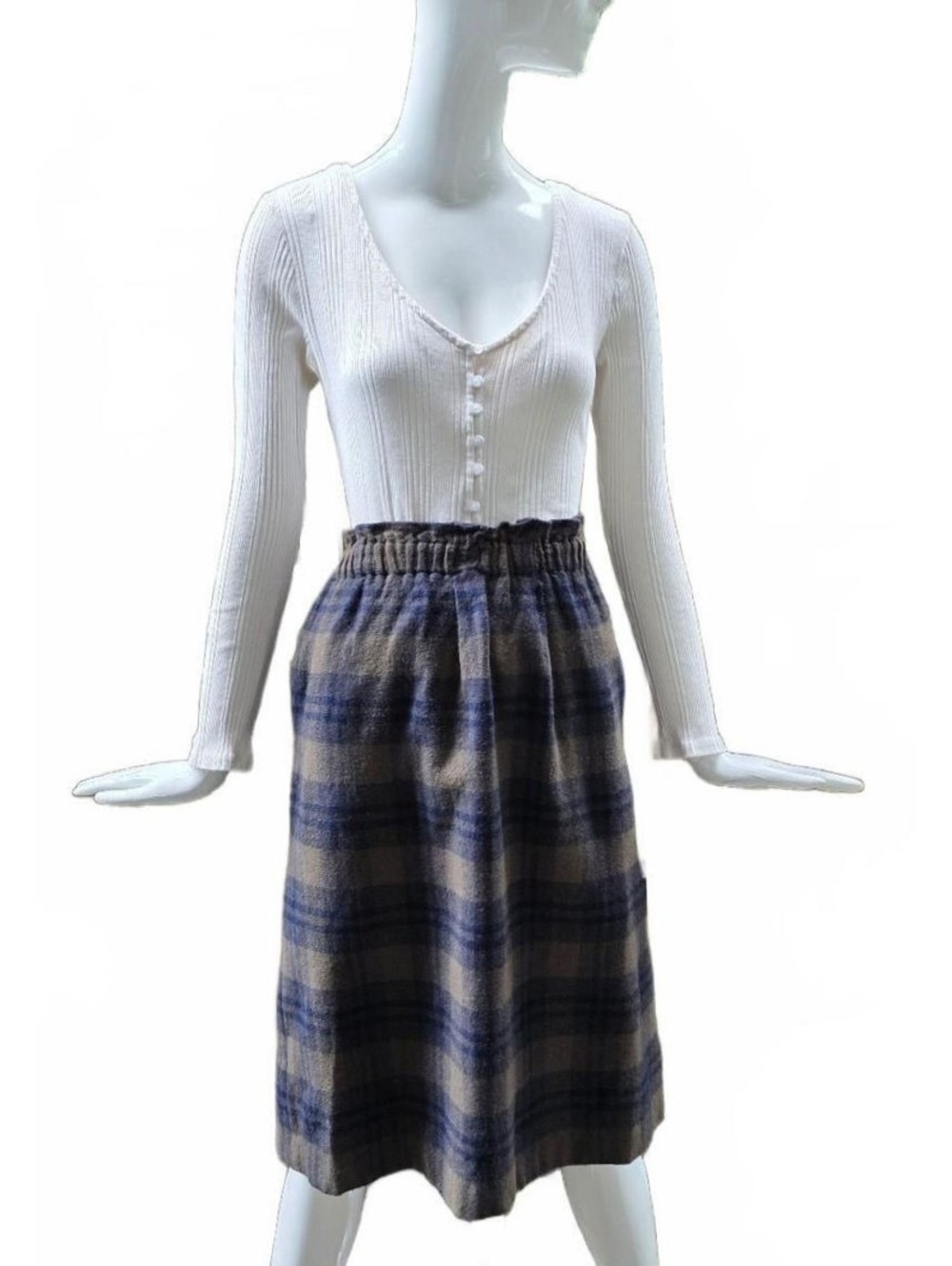 Reworked Vintage Plaid Wool Midi Skirt Soft Elastic Paperbag Waist M L XL